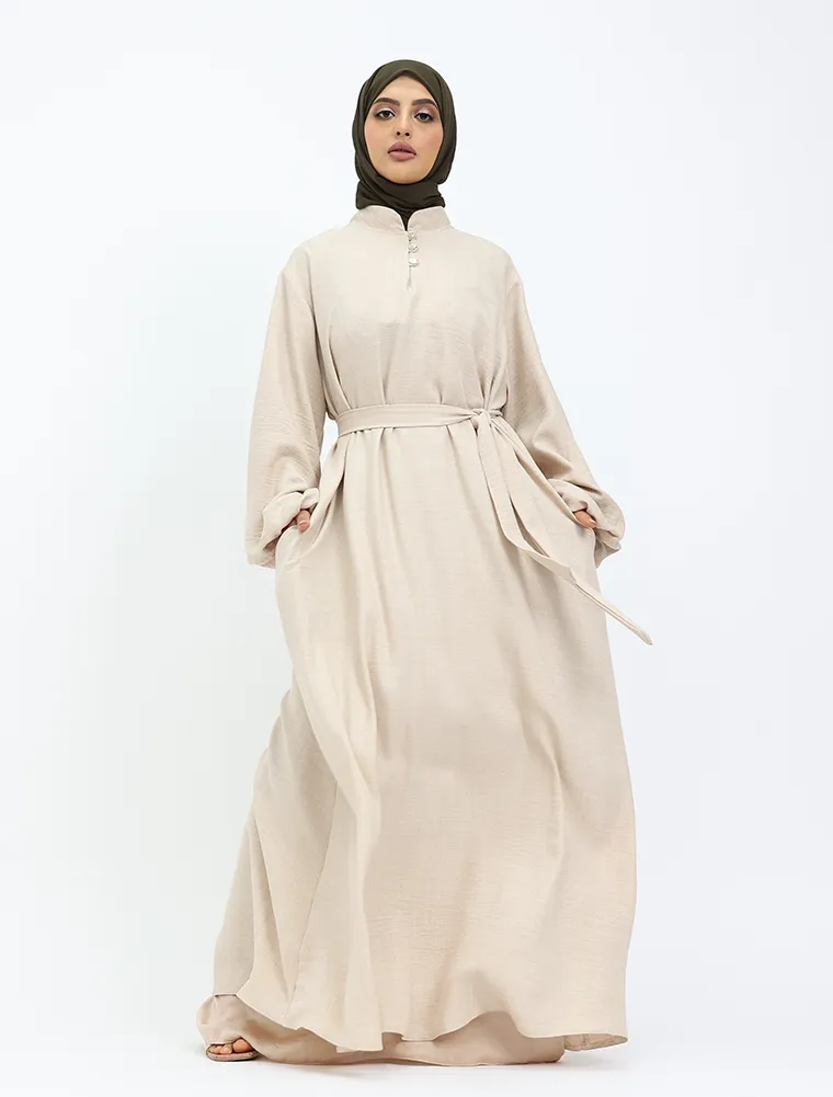 Beige Linen Feel Nehru Collar Maxi